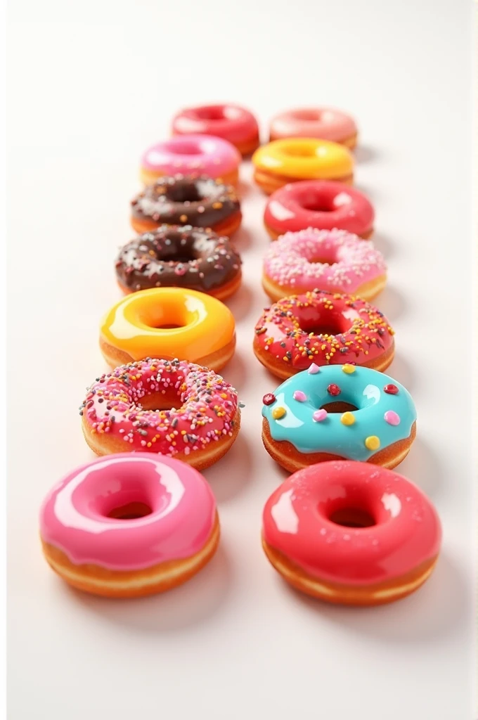 Colored donuts in rows, White background 