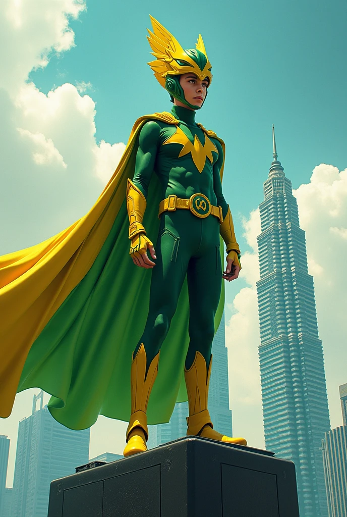 intricate detailed illustration of a teenage boy wearing a helmet with a bird face, green suit, cape, standing on top of a building, hyper realistic, 8k, photorealistic, masterpiece, cinematic lighting, vibrant colors, dramatic composition. Yellow boots. Background klcc.high tech marvel. X-Men. DC comic. Character. Robin