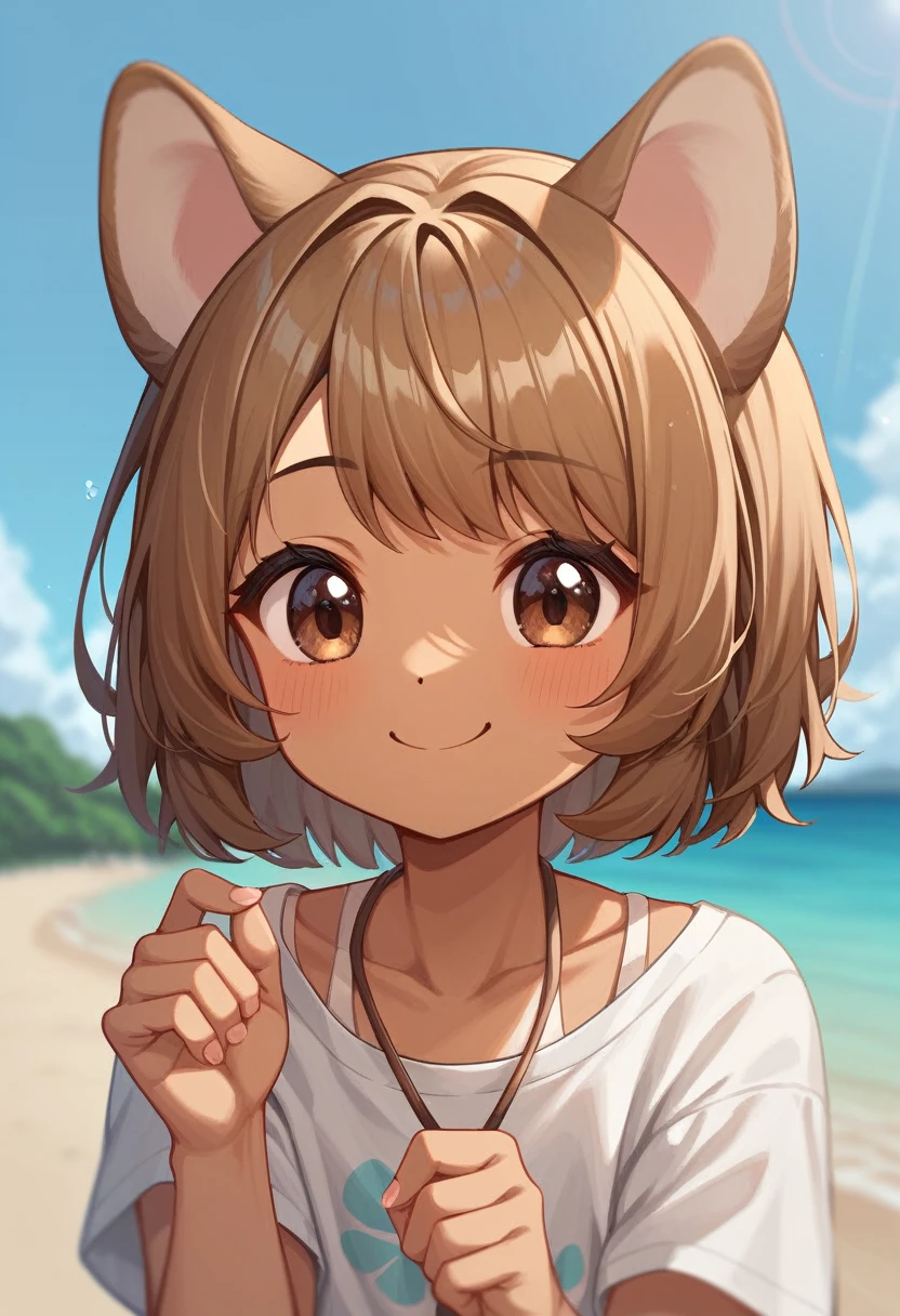 ((work of art)) 1 , light hawaiian caramel hair, playful brown eyes, malicious smile, cute, too cute, suntanned, light outfits, caramel dog ears