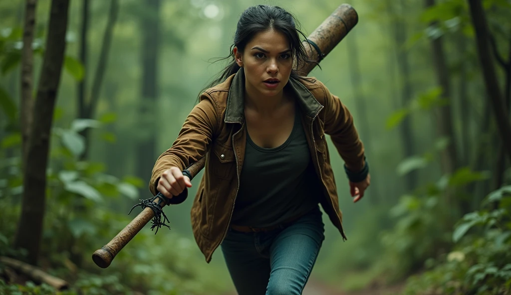 cinematic lighting, shallow depth of field, intense gritty, a woman wearing worn leather jacket, dark t shirt, denim pants, holding a barbed wire baseball bat, running through lush bushes inside a forest.