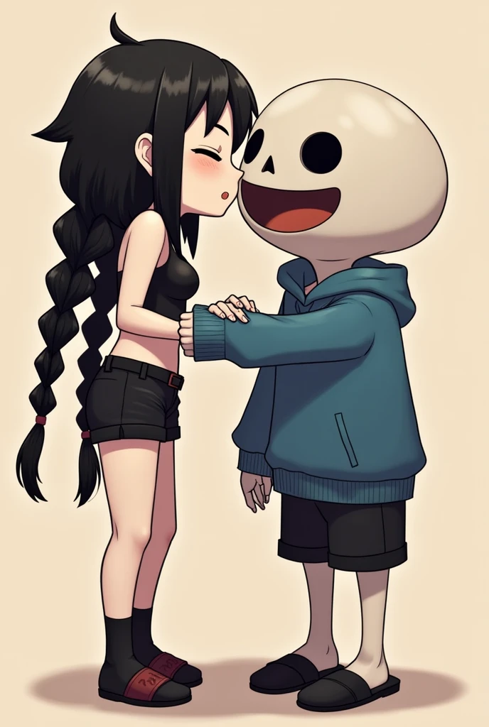 **Kiny**: A girl with black hair styled in braids, black eyes, and white skin. She is wearing short clothes, possibly a crop top and shorts or a similar outfit. She is leaning in and kissing **Sans** on the cheek.

**Sans**: A short, skeletal character from *Undertale*. He has a round skull with big, hollow eye sockets and a wide grin. He's wearing a blue hoodie, black shorts, and slippers, which are his signature look.

In the image, Kiny would be leaning in to kiss Sans on the cheek. Sans might have a surprised or amused expression, fitting his laid-back personality.