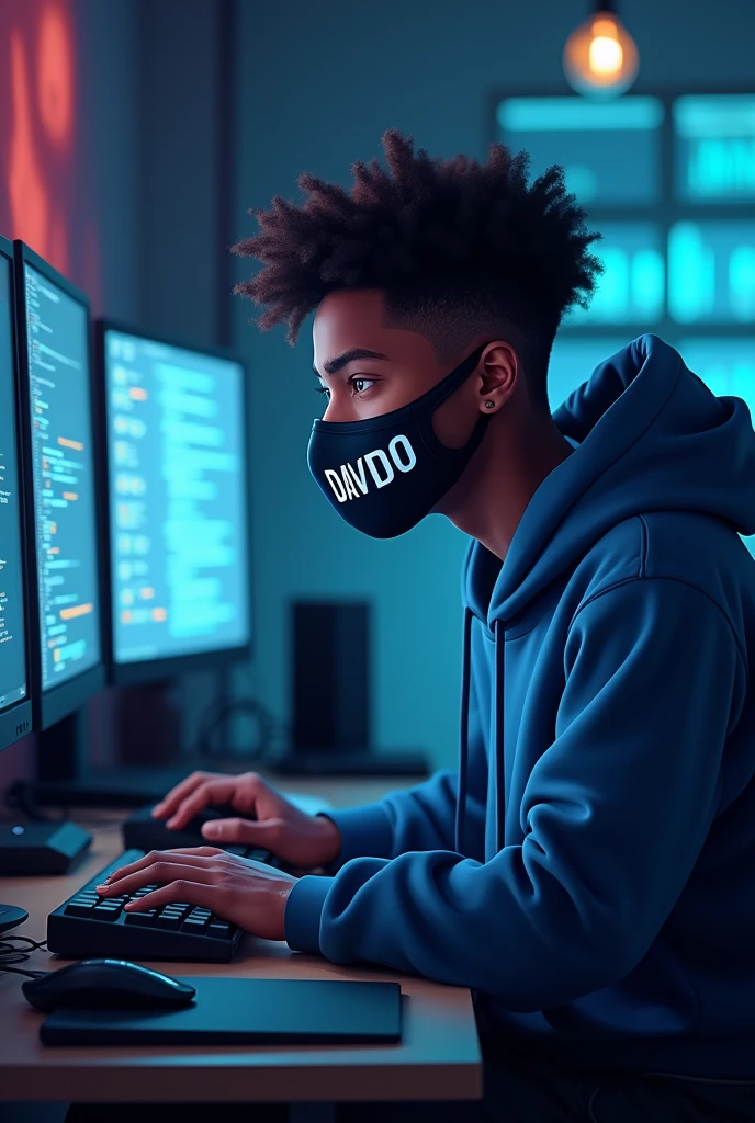 A black programmer sitting in his computer setup wearing a blue hoodie and a facemask with his name DAVIDO in it