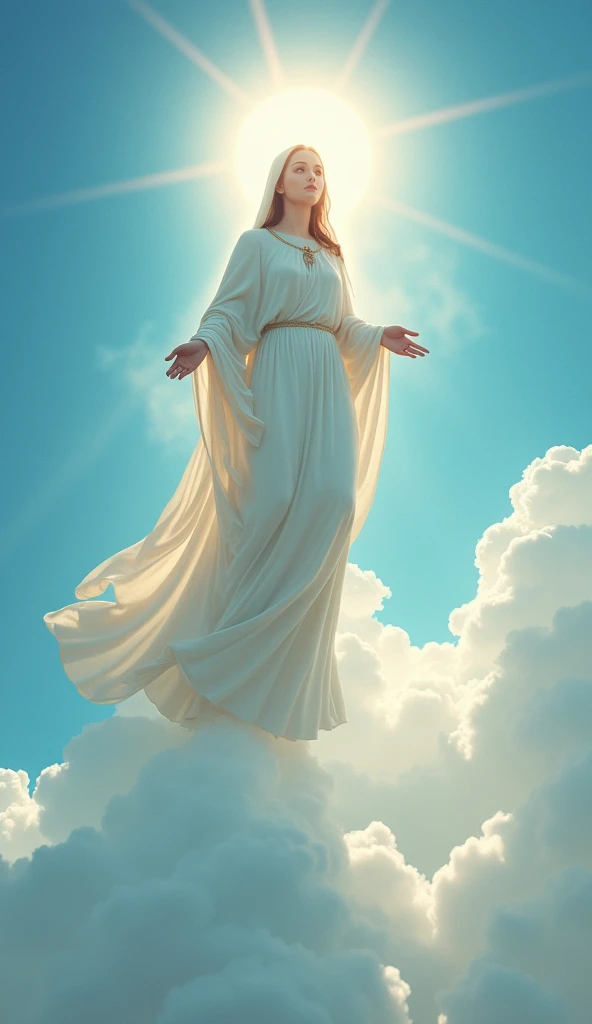 Ascending々Beautiful Virgin Mary gently looking down、blue sky、sun、cloud