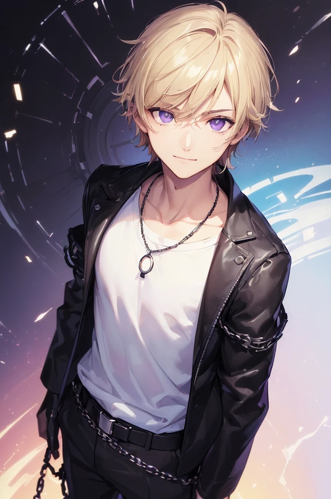(((masterpiece; best quality: 1.2))), (finely detailed eyes: 1.3), ((ung man)), ((solo)), (purple eyes: 1.4), (body shape; lean, masculine, manly: 1.3), (very short blond hair: 1.3), (beautiful and clear background: 1.2), ((depth of field)), (equipment: fashionable garb + black jacket + white t-shirt + black watch + thin chain necklace: 1.3), (anime illustration: 1.2), (background composition; park + day: 1.1), (extremely handsome: 1.1), (shot composition; standing + centered on face + bust close-up: 1.5), (facial expression; calm, smile: 1.2)