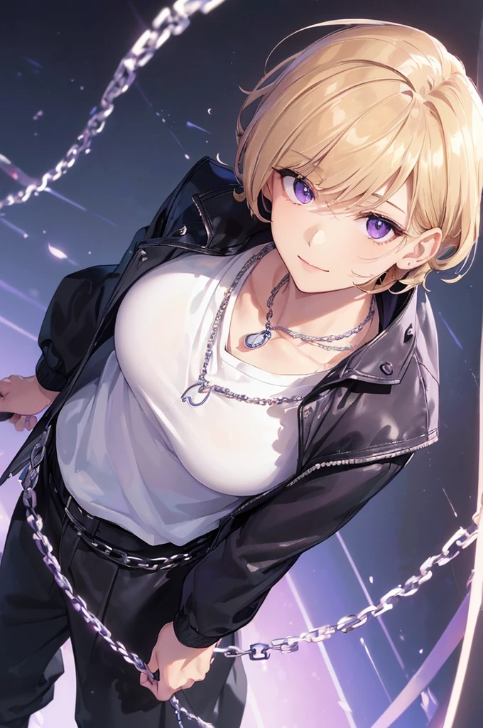 (((masterpiece; best quality: 1.2))), (finely detailed eyes: 1.3), ((ung man)), ((solo)), (purple eyes: 1.4), (body shape; lean, masculine, manly: 1.3), (very short blond hair: 1.3), (beautiful and clear background: 1.2), ((depth of field)), (equipment: fashionable garblack jacket + white t-shirt + black watch + thin chain necklace: 1.3), (anime illustration: 1.2), (background composition; park + day: 1.1), (extremely handsome: 1.1), (shot composition; standing + centered on face + bust close-up: 1.5), (facial expression; calm, smile: 1.2)
