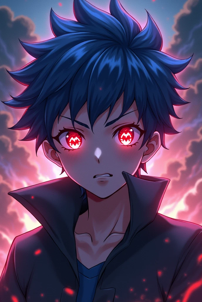 Create an anime boy with tatto in his eyes of demon symbol