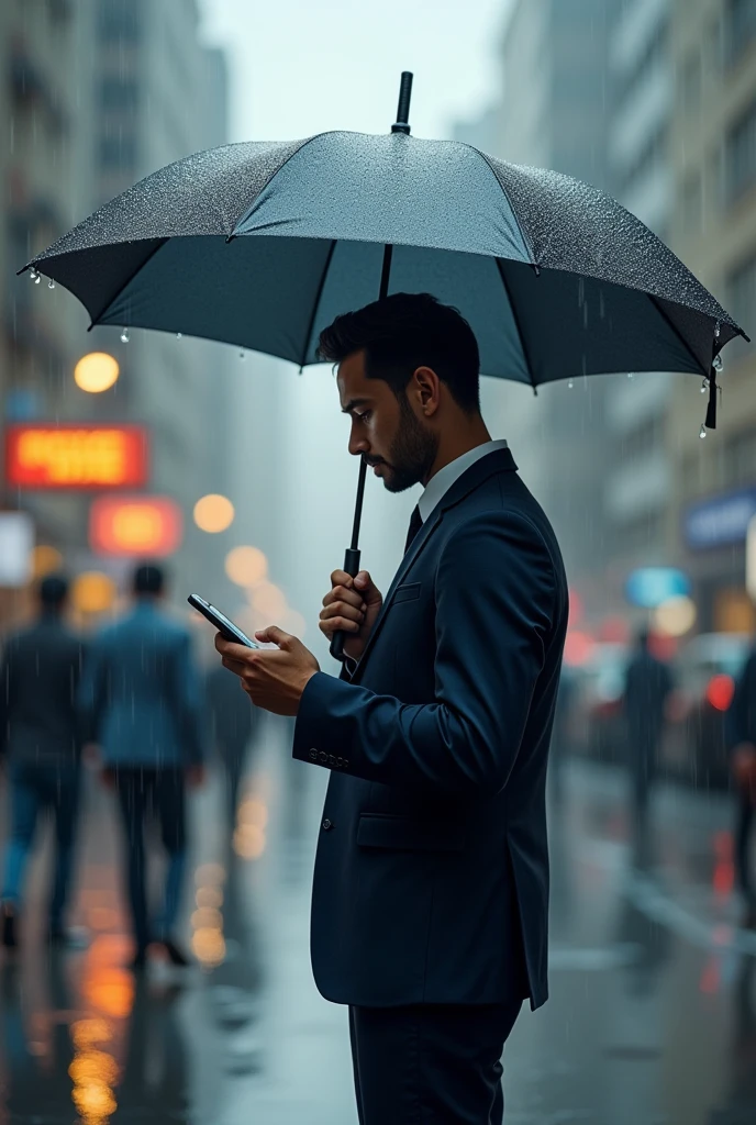 An umbrella with a person standing under it holding a mobile phone in his hand