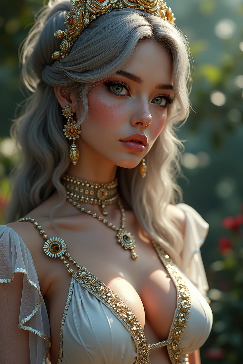 Foto hiperrealista en primer plano de (ALEXANDRA DADDARIO:1)(THYLANE BLONDEAU:0),(AISHWARYA RAI:0),18 years old, octane render, (photorealistic:1.4),(top-quality), (masterpiece), (seductive pose: 1.2 ),( Sharply focused human skin:1.4),Frivolous and scandalous,( toned belly with deep navel:1.4), (hyperrealistic detailed human skin:1.4), ( shiny skin:1.2),(skin subsurface scattering:1.4), (intricately designed transparent blouse:1.3), (intricately designed skirt:1.3),intricate tattoos, very long silky and shiny hair ,(exotic ornaments and jewels on body and hair:1.4), (studio soft lighting:1.4),(surreal exotic natural surrounding in a royal garden: 1.4), (pouting lips drawn in ultra detail:1.4),The most beautiful girls ,8k,16k, trending on artstation,deviantart