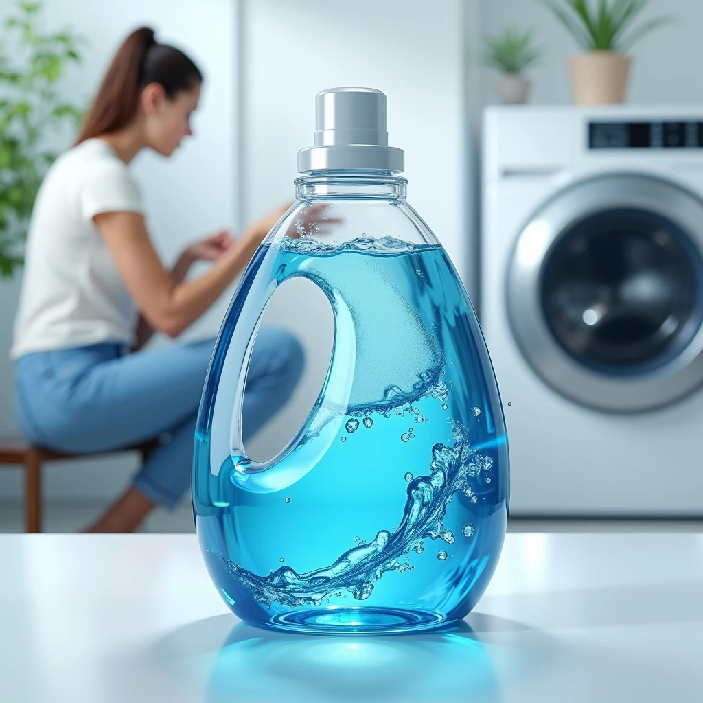 Super wash  liquid detergent  logo Ocean Blue transparent clear liquid bottle with Laundry  background and wishing machine with lady