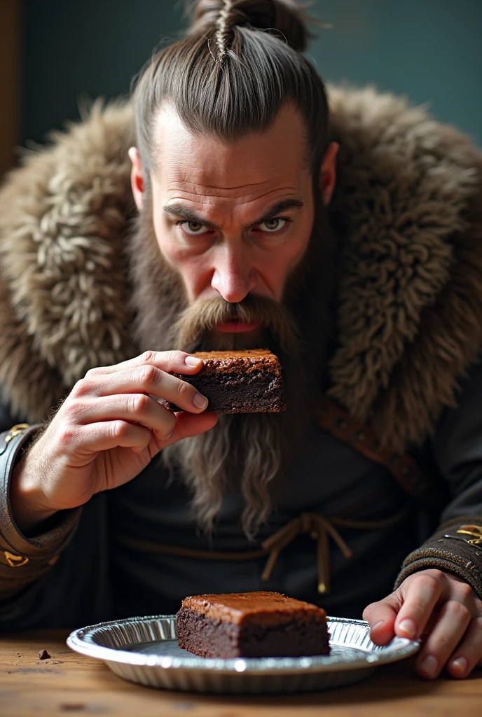 Viking eating brownie on small aluminum tray