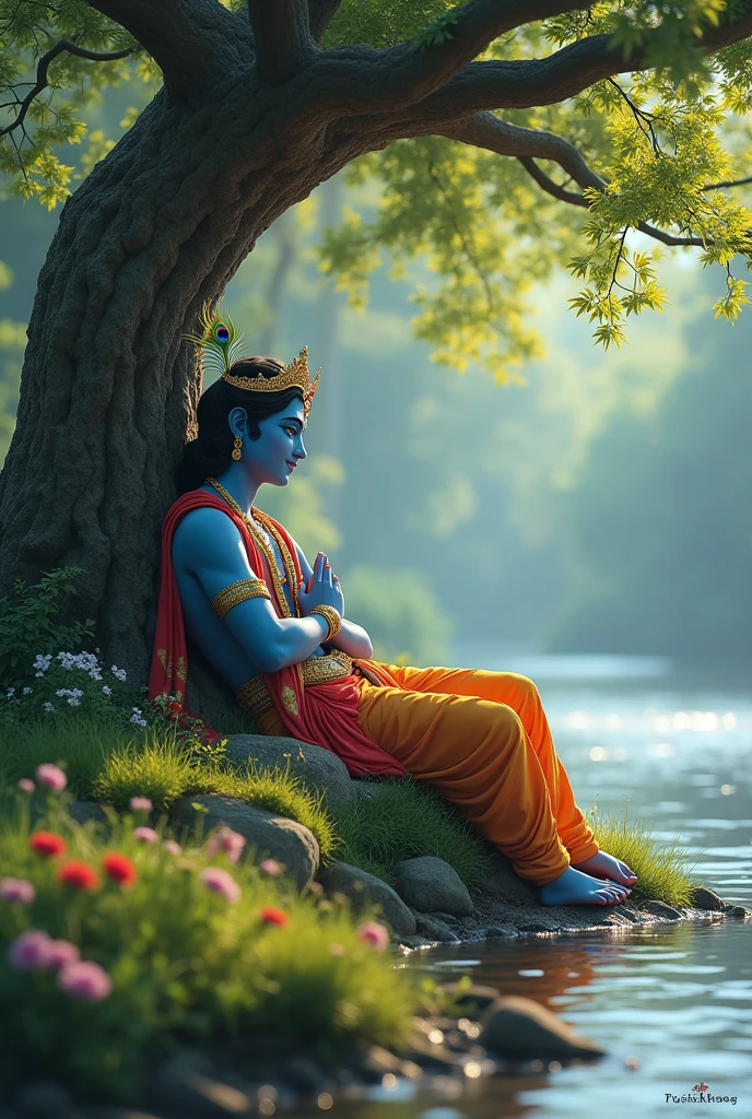 Picture Lord Krishna sitting under a large, ancient tree beside a gently flowing river. He is leaning back against the tree trunk, which provides a comforting shade with its broad, leafy branches. Krishna’s posture is relaxed, with his body slightly inclined against the tree.
He is adorned in resplendent garments, often in shades of blue and gold, which contrast beautifully with the lush greenery surrounding him. His crown, featuring a single peacock feather, rests elegantly on his head. His expression is serene and content, reflecting a deep sense of peace.
The river beside him flows gently, its surface catching the light and creating a calming ripple. The riverbank is dotted with soft grass and vibrant wildflowers, enhancing the natural beauty of the scene. The overall atmosphere is one of tranquility and divine relaxation, capturing Krishna's essence as he enjoys a moment of rest in the midst of nature's splendor.