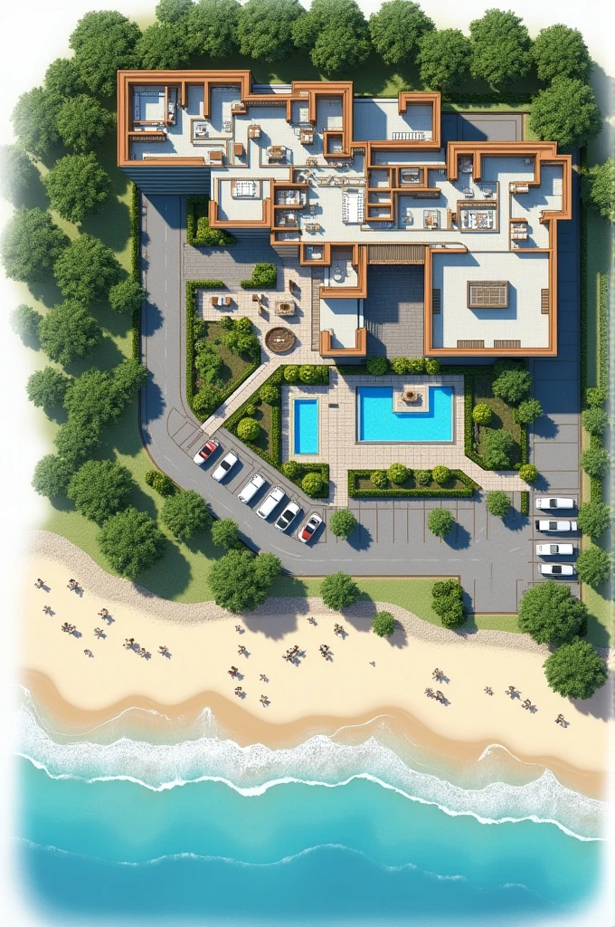 1D beach hotel floor plan containing reception area, a restaurant, The recreation space, the rooms, A SPA area, An area for people with disabilities, 3 swimming pools, Connection with green areas, That can be like an open space, The L-shaped parking lot One part in front and the rest alongside, 2 swimming pools in the green area outside the hotel