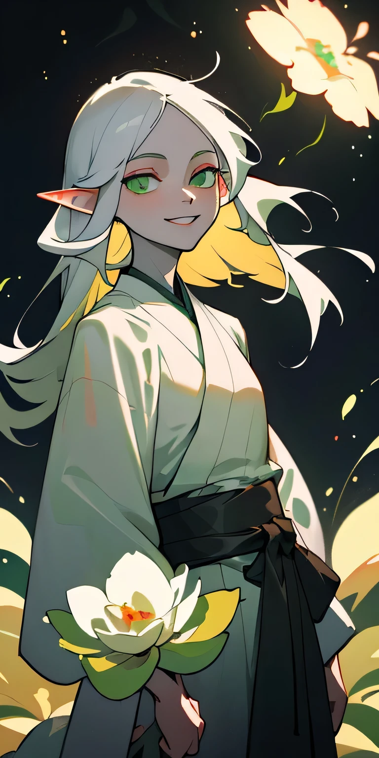 (best quality, masterpiece), 1, galaxy, flash, White Hanfu, particle, wind, flower, Upper Body, Dark simple background, Looking at the audience, Mature man, high, Pale skin, White long hair, Waist-length hair, Green eyes, Elf ears, Smile,