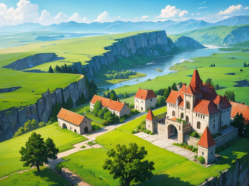 In this anime-style fantasy world, you see an expansive green landscape stretching as far as the eye can see. The sky is clear blue with a few scattered white clouds, and the warm sunlight bathes the scene, giving it a peaceful and inviting atmosphere.

In the distance, there's a small town filled with houses with orange and red rooftops. The most prominent feature is a large stone castle perched on a hill, with tall towers that stand out against the horizon. Some towers have flags gently waving in the breeze. Roads and bridges connect various parts of the town, making it look like something straight out of a fairy tale.

The vast green fields are dotted with large trees, and in some areas, colorful flowers bloom, adding vibrancy to the scene. A small river winds its way through the landscape, creating a soft, calming sound as it flows.

You might also spot some fantastical creatures, like small dragons or cute animals, wandering through the fields, adding a touch of magic and otherworldliness to the scene.

This description should help you visualize the anime-style fantasy world with a vast green landscape and a distant town clearly and vividly