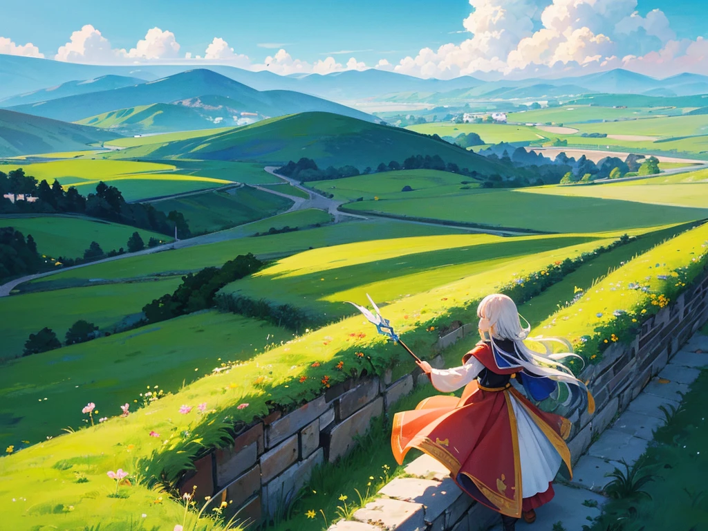 In this anime-style fantasy world, you see an expansive green landscape stretching as far as the eye can see. The sky is clear blue with a few scattered white clouds, and the warm sunlight bathes the scene, giving it a peaceful and inviting atmosphere.

In the distance, there's a small town filled with houses with orange and red rooftops. The most prominent feature is a large stone castle perched on a hill, with tall towers that stand out against the horizon. Some towers have flags gently waving in the breeze. Roads and bridges connect various parts of the town, making it look like something straight out of a fairy tale.

The vast green fields are dotted with large trees, and in some areas, colorful flowers bloom, adding vibrancy to the scene. A small river winds its way through the landscape, creating a soft, calming sound as it flows.

You might also spot some fantastical creatures, like small dragons or cute animals, wandering through the fields, adding a touch of magic and otherworldliness to the scene.

This description should help you visualize the anime-style fantasy world with a vast green landscape and a distant town clearly and vividly