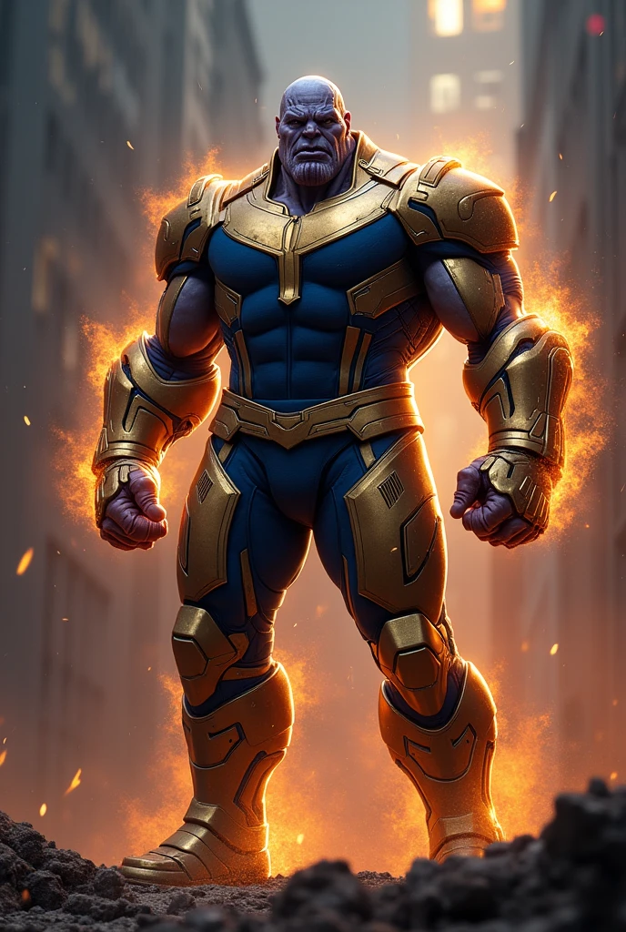 Angry thanos with arc reactor wearing ironman suit