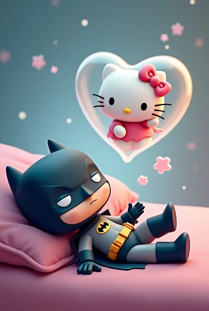 Batman funko, lying down dreaming about hello kitty and him in a heart shaped bubble