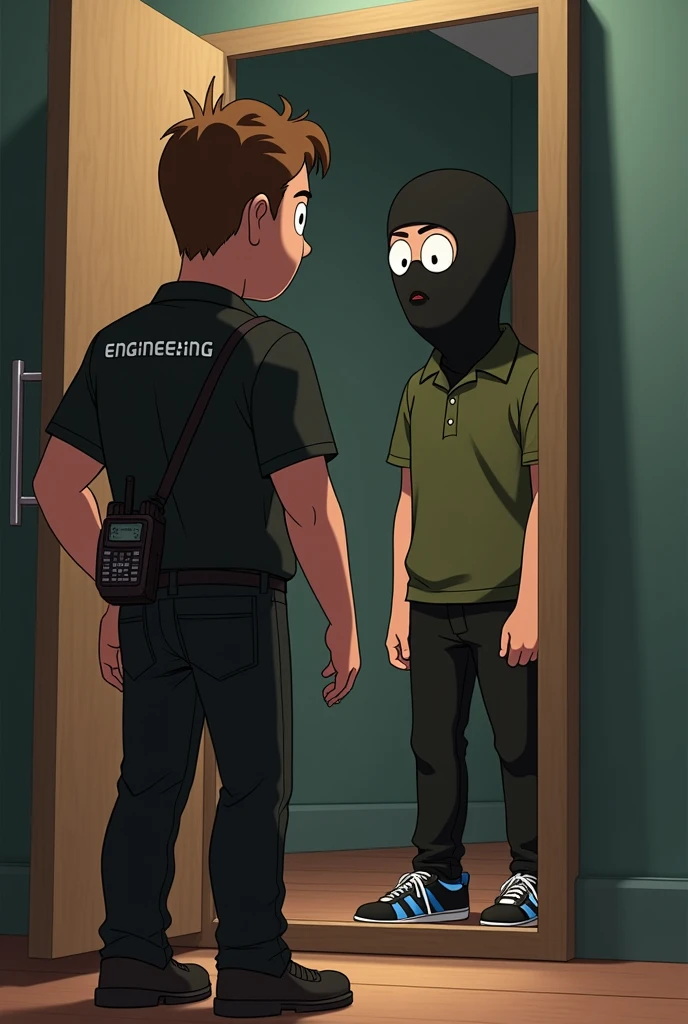 depict in animated form a person dressed as a technician, safety shoes, carrying HT on his shoulder, and his shirt is black with engineering writing on the back, and neat hair with round facial gestures, The person was looking in the mirror in the cupboard but the reflection was of a person wearing a black balaclava, wearing an army green shirt with weekend offender written on it, and wearing black adidas shoes with 3 blue stripes