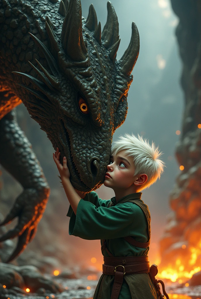 Sad 13 year old boy, with a cleft chin and thick eyebrows, he has white hair, with an eye patch and a scar on the same eye where he wears the patch, The boy is dressed in green warrior clothing. He is hugging the paw of his giant dragon. They are inside a giant cave with fire
