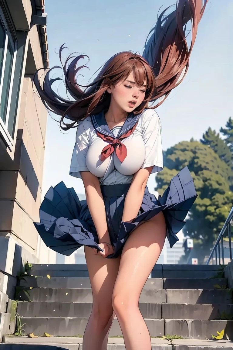 mini skirt,(((busty woman cosplay high school girl uniform))),(bending foward while standing)、japanese high school girl uniform,(((wind lifts skirt))),floating leaves,hands on crotch,holding floating skirt,thighs,being at the stairs top of outside、windy day,(focus on her crotch),low angle,shot from under side of stairs,(((eyes close)))