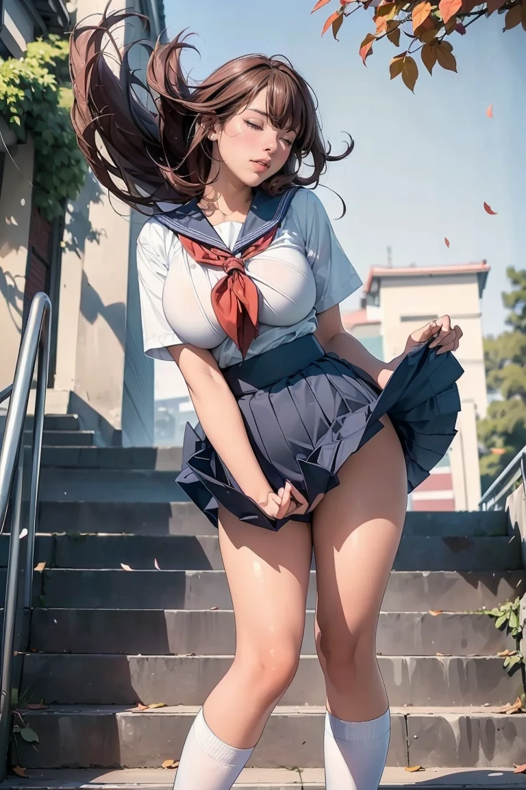 mini skirt,(((busty woman cosplay high school girl uniform))),(bending foward while standing)、japanese high school girl uniform,(((wind lifts skirt))),floating leaves,hands on crotch,holding floating skirt,thighs,being at the stairs top of outside、windy day,(focus on her crotch),low angle,shot from under side of stairs,(((eyes close)))