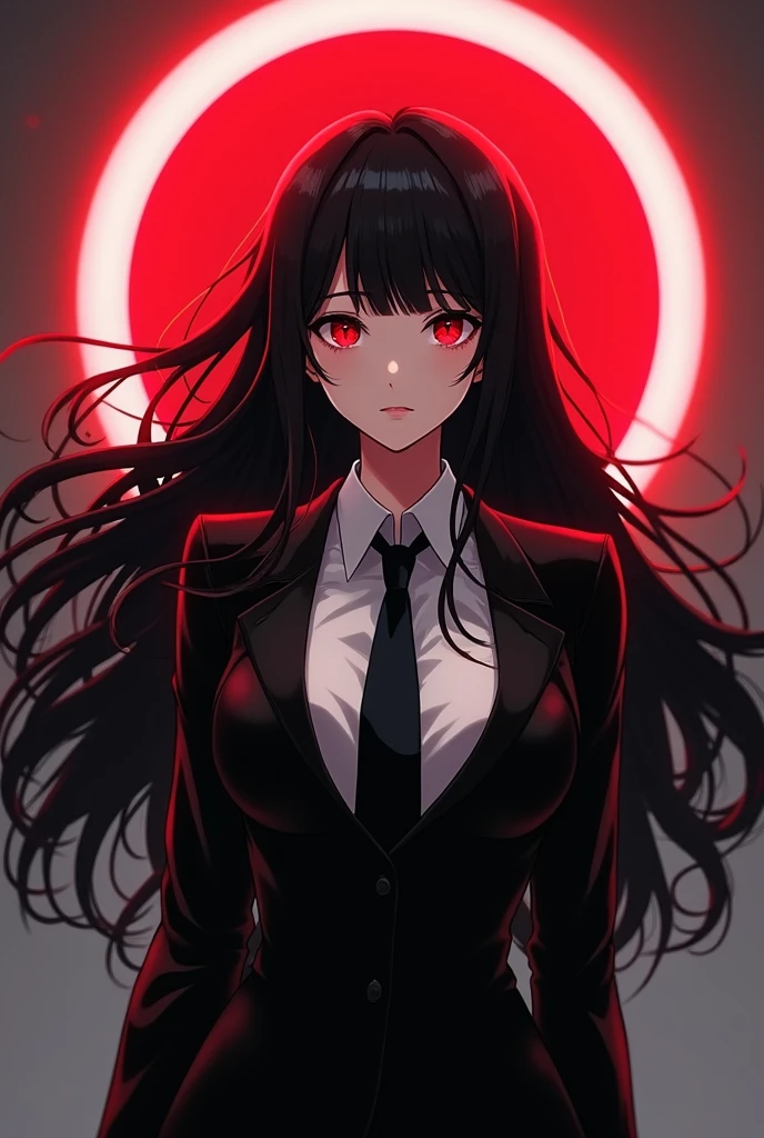 create a female character with red eyes, a red halo, long black hair and fair skin. Wearing a loose fitting suit showing a white dress shirt with a black tie, black dress pants and black dress shoes. And with large breasts. in anime style