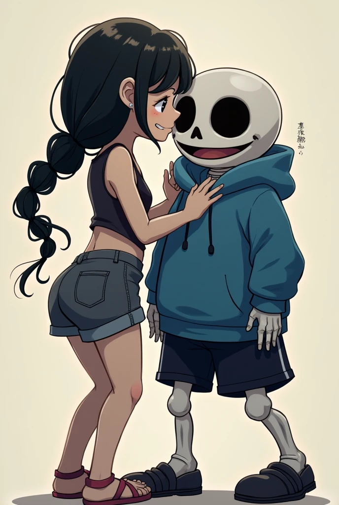 **Kiny**: A girl with black hair styled in braids, black eyes, and white skin. She is wearing short clothes, possibly a crop top and shorts or a similar outfit. She is leaning in and kissing **Sans** on the cheek.
**Sans**: A short, skeletal character from *Undertale*. He has a round skull with big, hollow eye sockets and a wide grin. He's wearing a blue hoodie, black shorts, and slippers, which are his signature look.
In the image, Kiny would be leaning in to kiss Sans on the cheek. Sans might have a surprised or amused expression, fitting his laid-back personality.
