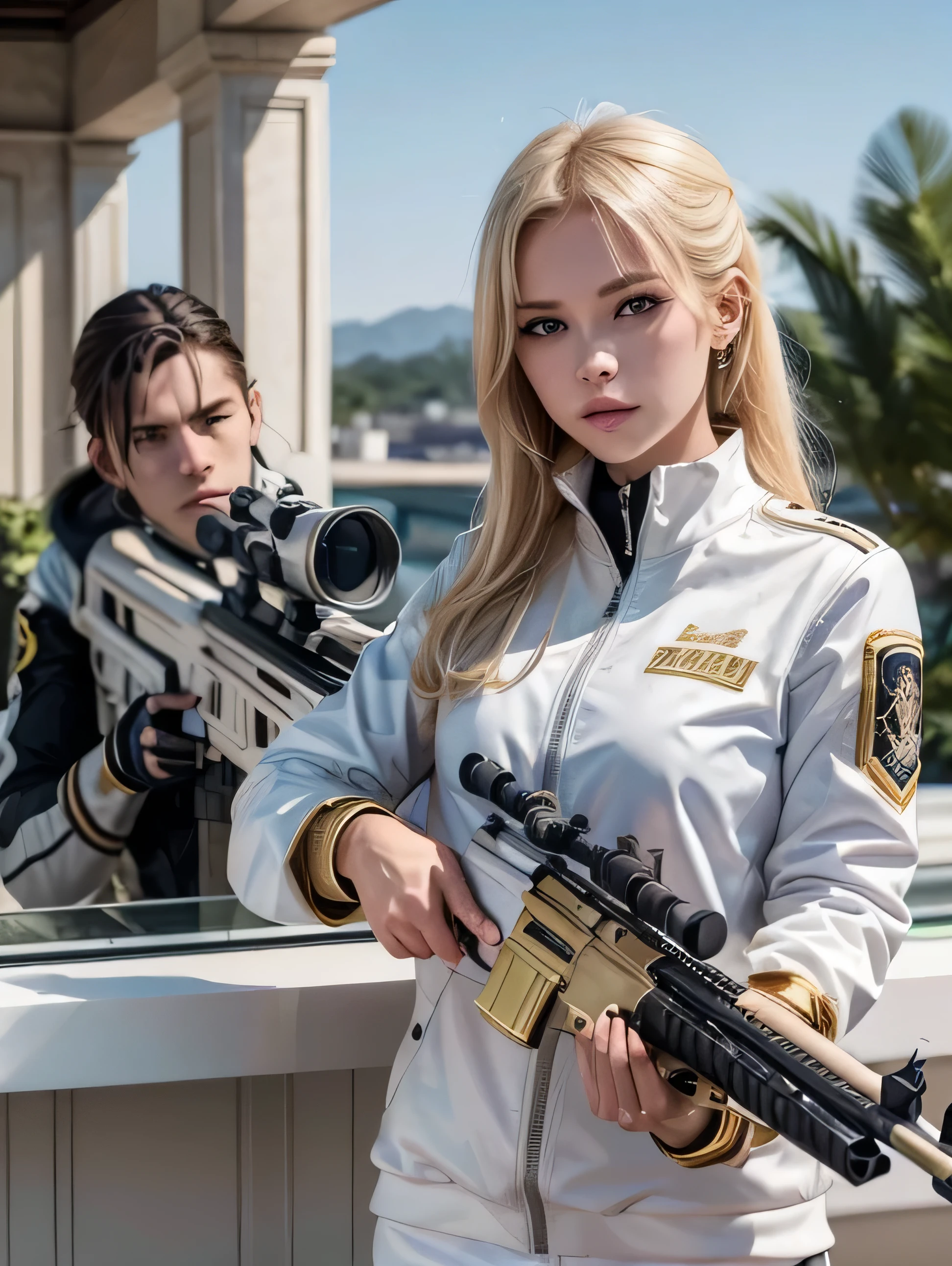 A young blonde woman. focused on its objective. The Sniper is a high-precision rifle with a glossy white finish, decorated with gold details. He is standing with his rifle resting on the edge of the terrace.. She is focused on her target in her sights. CASUAL CLOTHES THE RIFLE IS WHITE WITH GOLDEN DETAILS