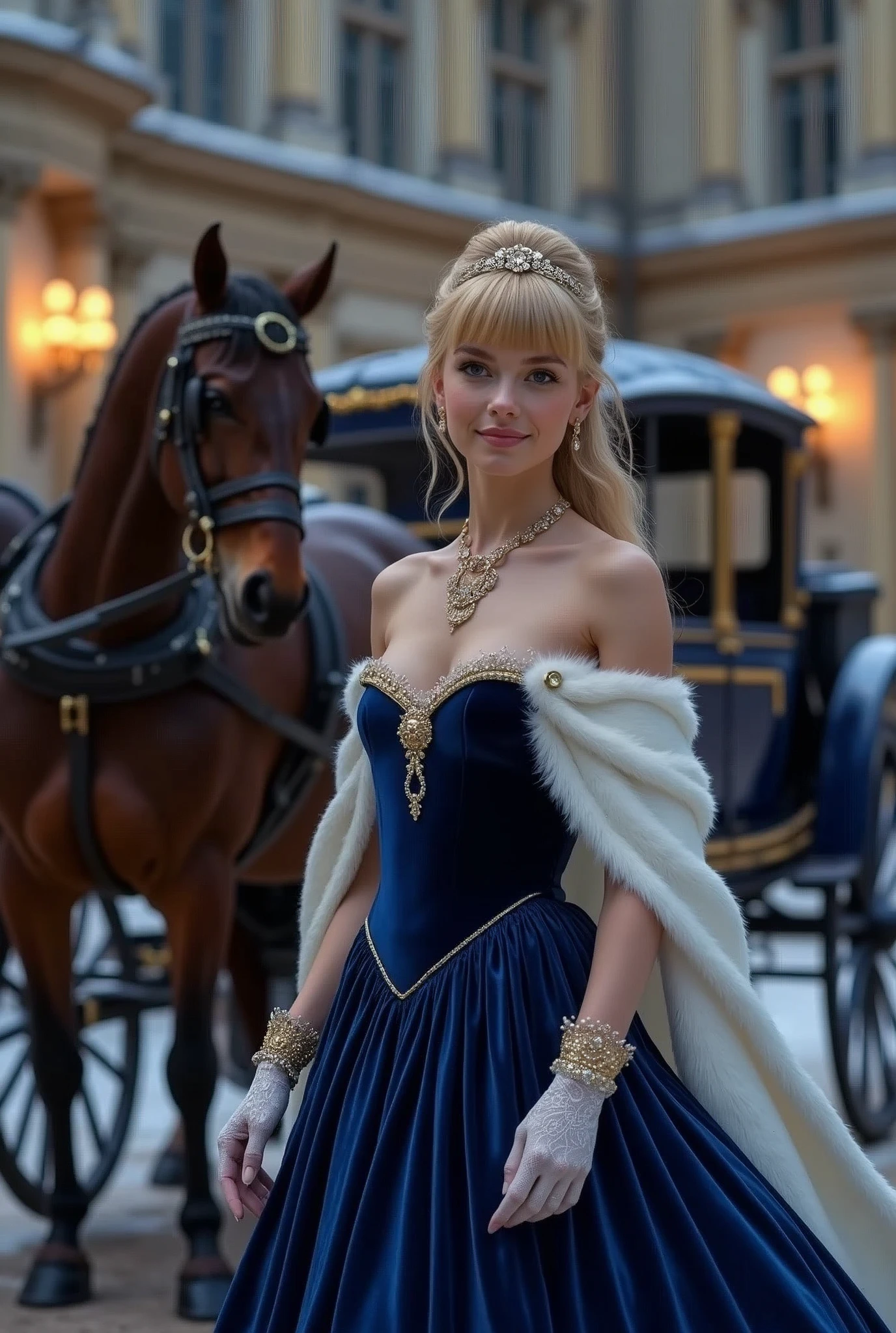 Two-horse pull carriage, gorgeous carriage, Pick-up from the palace, In front of the palace at night, In front of the carriage, at viewer, English female, Age: 20 age-old, blond hair , chignon , fringe, beautiful blue eye, little smile, (middle cup breasts, slender whist, middle hip ,beautiful pussy, beautiful anal, public hair),(Royal Navy color Princess dress, Velvet Fabric, evening long dress:1.3), A white gown is draped over her shoulders to keep out the cold.、 (elbow silk lace glove),stockings, HI heals, gold ring earring, gold neckless, bracelet, tiara , standing ,UHD, accurate, anatomically correct, textured skin, super detail, high details, high quality, best quality,