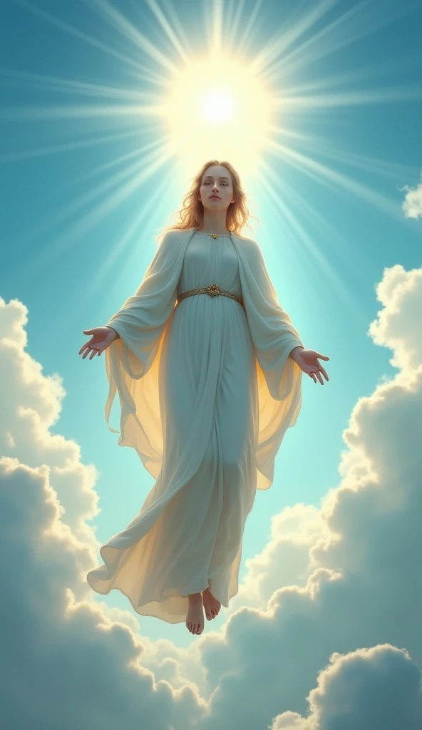 Ascending々Beautiful Virgin Mary gently looking down、whole body、blue sky、sun、cloud