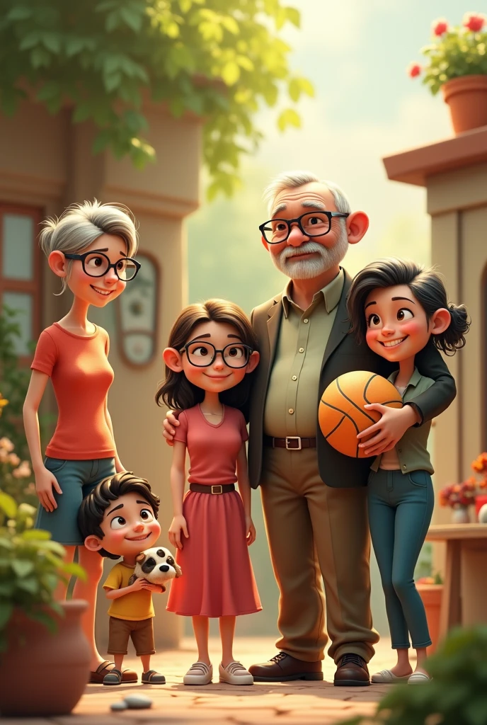 ANIMATED IMAGE OF A MOM WITH GLASSES, NEXT TO HIM THE OLDEST MAN WITH A BALL IS TALL. NEXT DOOR IS THE MIDDLE WOMAN SISTER, WITH GLASSES CARRYING A DOG. NEXT TO HIM IS THE YOUNGER BROTHER AND NEXT TO HIM IS A GRANDMOTHER WOMAN