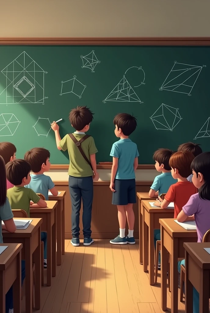I want two columns of students standing and the first 2 writing feometric figures on the board