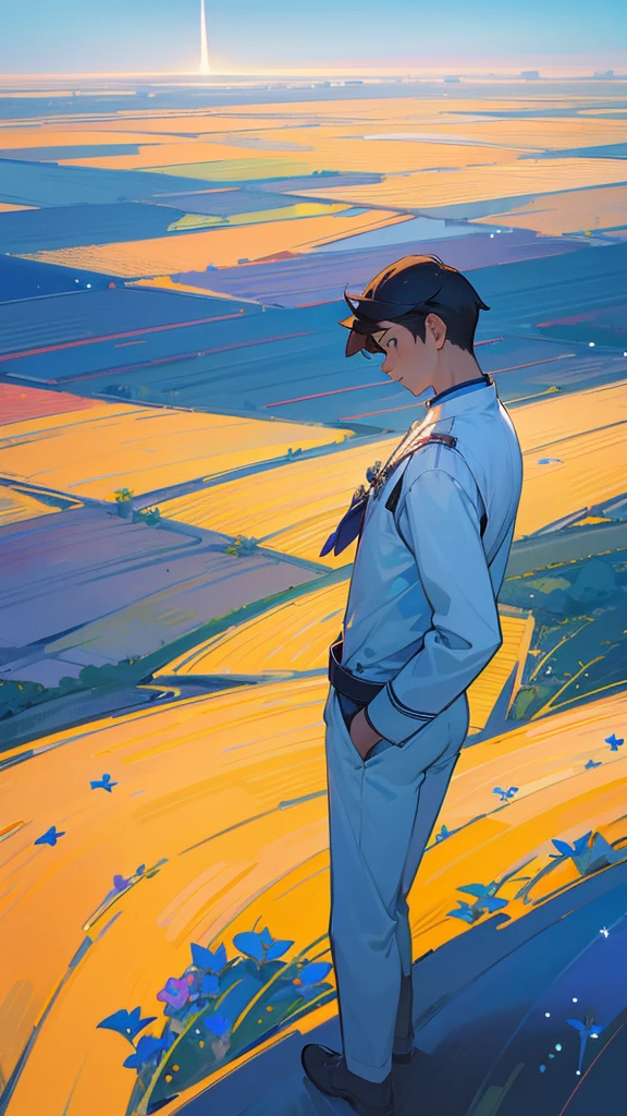 young man in the flower field, Looking at the sky, Space View, constellation, plane, moonligh, meia moonligh, top view, top to bottom, standing backwards, distant image