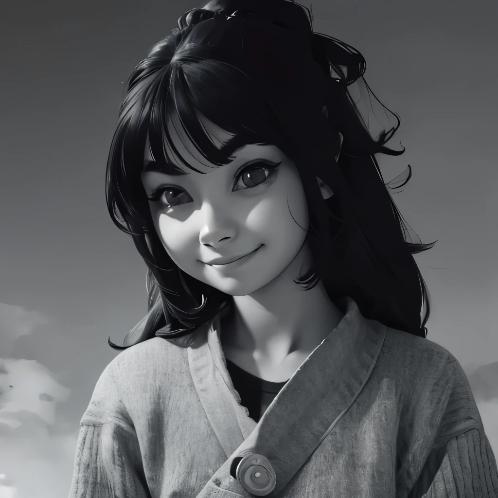 NauSKaaValOfWi, monochrome, greyscale, detailed 1girl, looking at viewer, sad smile, upper body,