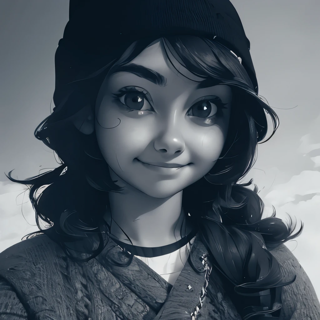 NauSKaaValOfWi, monochrome, greyscale, detailed 1girl, looking at viewer, sad smile, upper body,