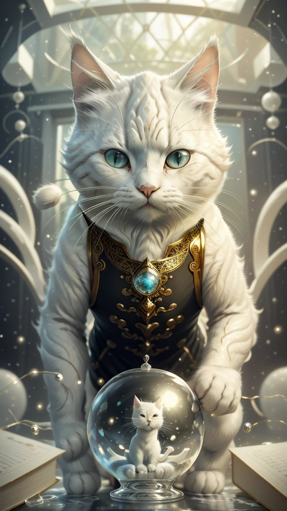close up photograph (White cat ready to play computer on table,Office 1.2), (c4ttitude:1.3), In glass technology research, Surreal and intricate details, (nebulous:1.1), Bai Xiao's point of view