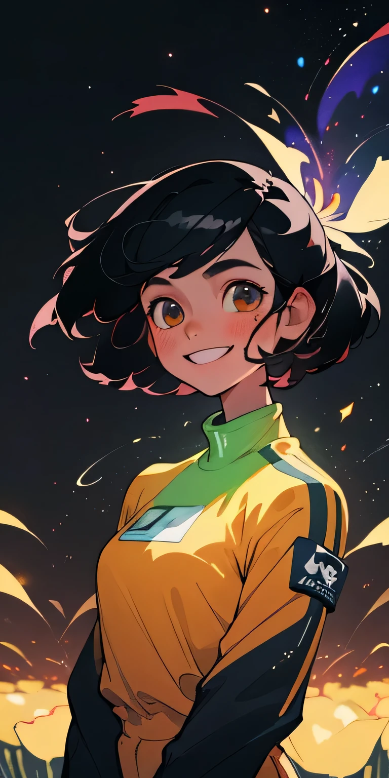 (best quality, masterpiece), 1 Girl, galaxy, flash, Sportswear, particle, wind, flower, Upper Body, Dark simple background, Looking at the audience, Black Hair, Smile,