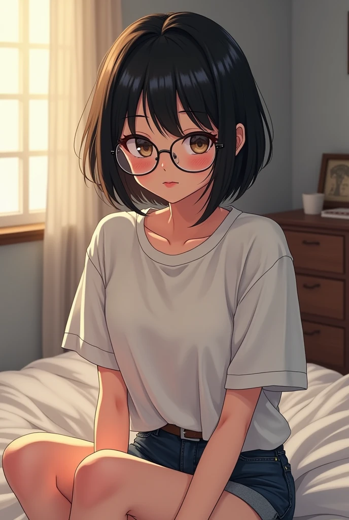 OL 23 years old slender Glasses Beauty Black Hair Short Bob Boyfriend'sTshirt Panties No bra Boyfriend's部屋 Embarrassed expression Sit on the bed Light pigmentation draw a thin line Small breasts