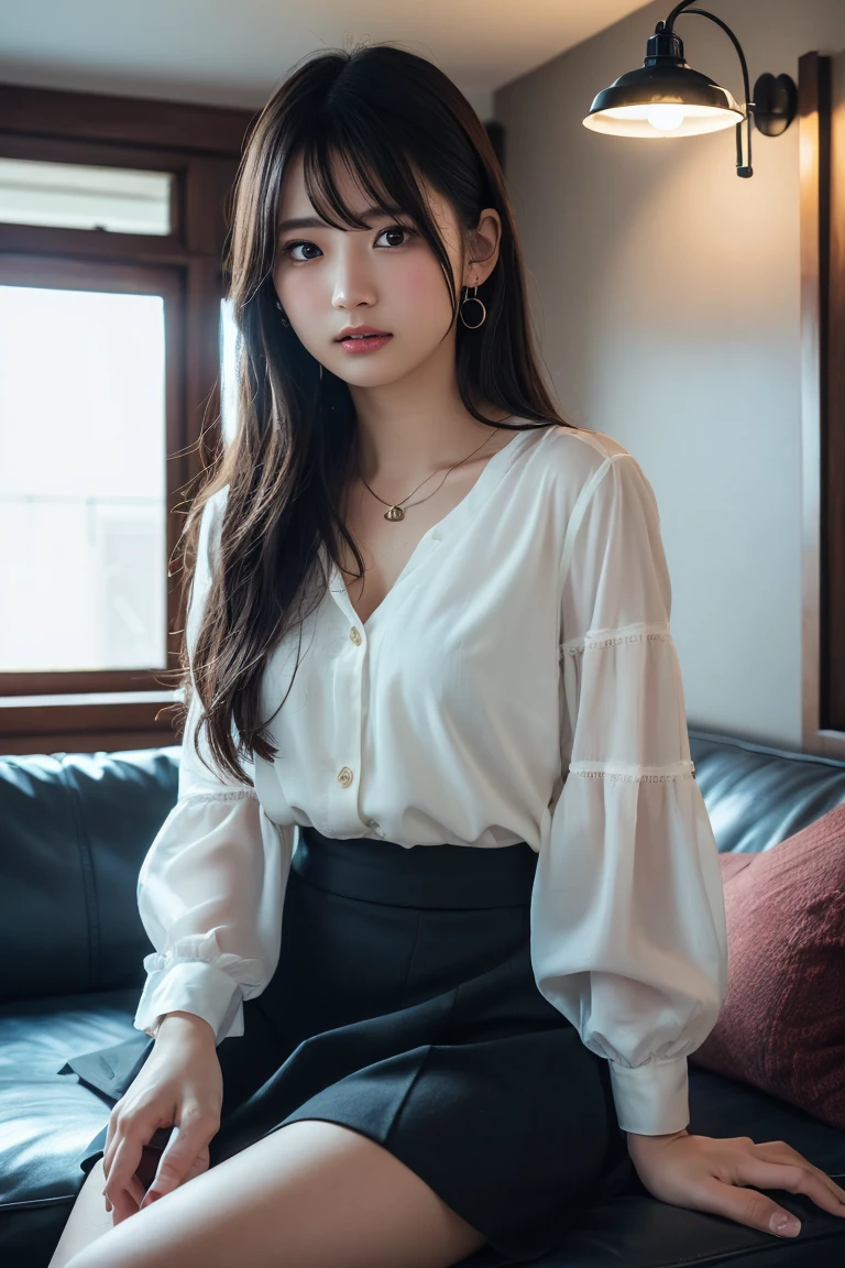 (Highest quality:1.4),(masterpiece:1.4),(Realistic:1.4),(Realistic:1.2),(超High resolution, RAW Photos:1.4),(High resolution, Ultra-detailed:1.2),(8k:1.2),View your viewers,Cinematic photography,One person,skeletally correct,Black-haired woman,Woman in her early 20s,(Small earrings,necklace,White blouse with voluminous sleeves,Ivory crochet long skirt),(Western-style building interior,Dimly lit room,The lamplight shines on my cheeks,Sit on the sofa)