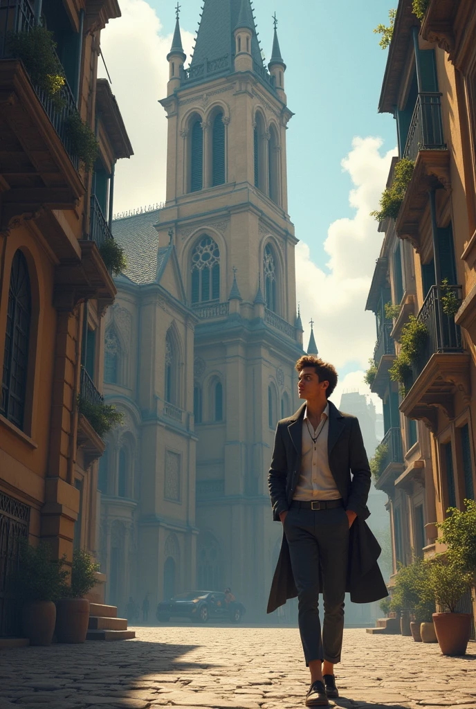 Young man walking next to a church thinking