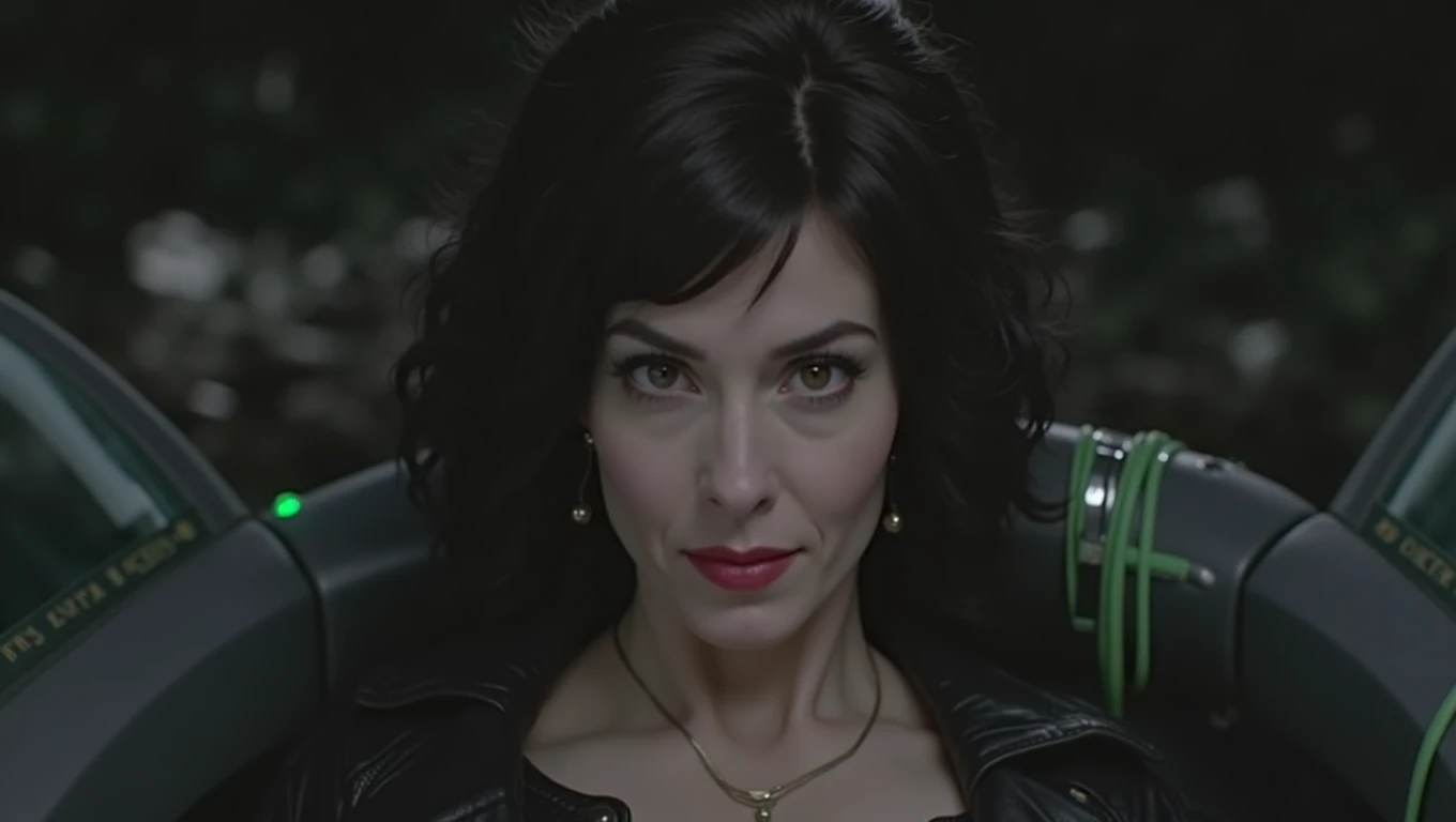 Beautiful pale 50 year old woman, detailed black hair, thin long nose, eyes wide open, cleavage, leather jacket, staring at viewer, evil stoic expression, long face shape, perfect teeth, cinematic lighting, hyperrealistic, 8k, highly detailed, photorealistic, masterpiece