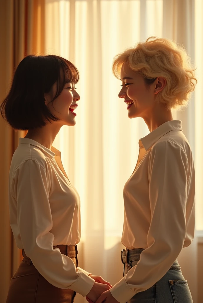 An 18-year-old Japanese woman、I am taking singing lessons from a 30-year-old Japanese woman.。Both of them are wearing long sleeve blouses and have small breasts.。The 18-year-old girl has dark brown hair with bangs.、Standing facing the screen and singing with your mouth wide open。The 30-year-old woman has short curly blonde hair and is wearing pink clothing.、He's sitting and facing away so I can't see his face。They're both smiling and looking very happy。The room is bright and bright.、The wall color is champagne gold。There is about a meter between them。It's a photo of a real person.。