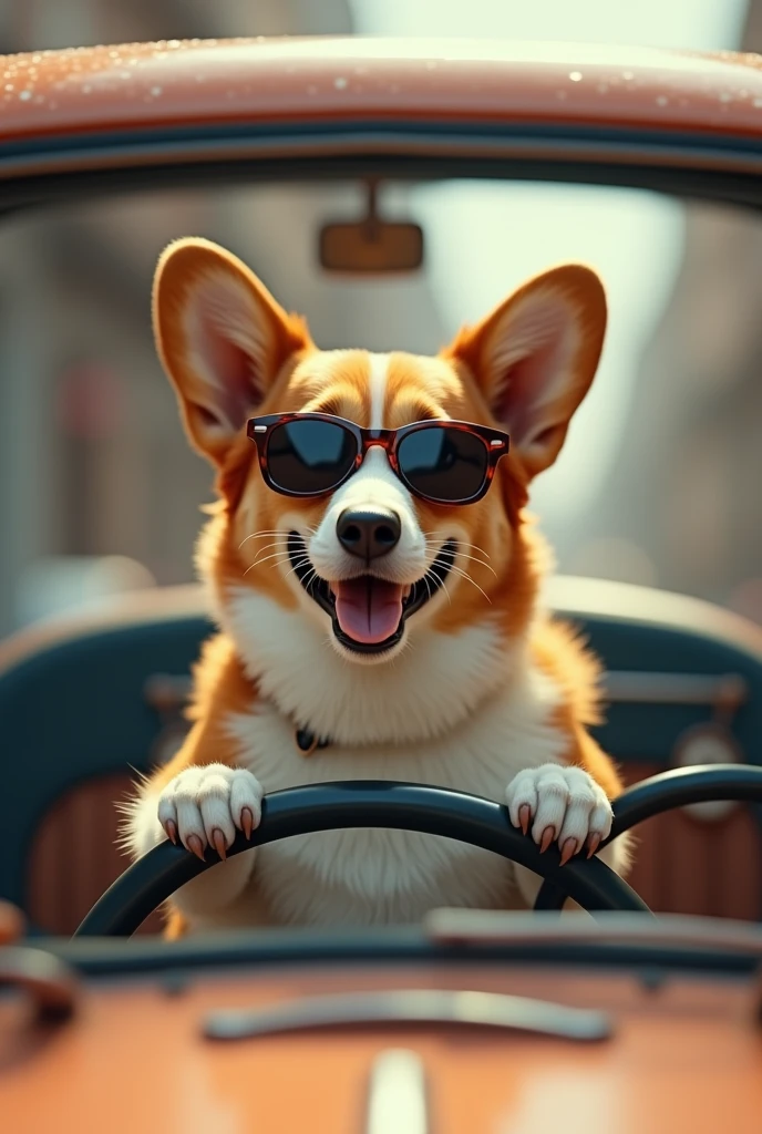 Corgi wearing sunglasses driving a car