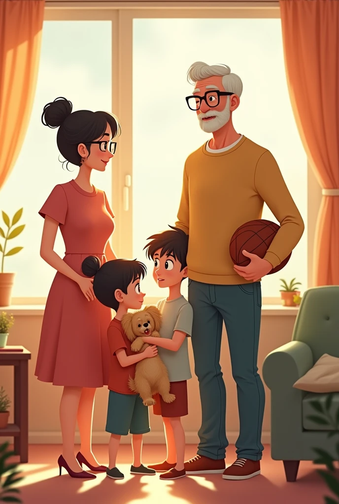 ANIMATED IMAGE OF A MOM WITH GLASSES, NEXT TO HIM THE OLDEST MAN WITH A BALL IS TALL. NEXT DOOR IS THE MIDDLE WOMAN SISTER, WITH GLASSES CARRYING A DOG. NEXT TO HIM IS THE YOUNGER BROTHER AND NEXT TO HIM IS A GRANDMOTHER WOMAN