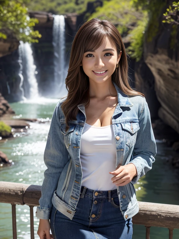 Highest quality, masterpiece, Ultra-high resolution, (Realistic:1.4), Beautiful woman, Clear grey V-neck shirt, G-string, Cleavage, ((Denim jacket)), Center of chest, Tight waist, Glowing Skin, 魅惑的なsmile, Bokeh, smile, pubic hair, thick pubic hair, long pubic hair, Denim mini skirt, Brown Hair、Waterfall on the background of the canyon、