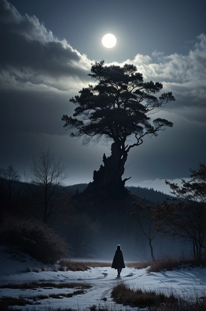 ((ultra detailed, masterpiece, best quality))
A mesmerizing conceptual art piece that showcases a full moon casting a soft, clear light across a surreal and enchanting landscape. The brightly dressed creature, adorned with a flowing cloak, stands out amongst the vivid surroundings, creating a cinematic scene. The landscape is filled with mystical elements such as twisted trees, ominous clouds, and an ethereal atmosphere. This evocative line art masterpiece embodies the essence of light fantasy, with an emphasis on luminosity and beauty, drawing the viewer into a world of tranquility and wonder., dark fantasy, anime, vibrant, cinematic, photo, conceptual art