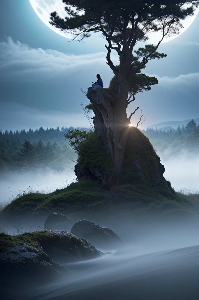 ((ultra detailed, masterpiece, best quality))
A mesmerizing conceptual art piece that showcases a full moon casting a soft, clear light across a surreal and enchanting landscape. The brightly dressed creature, adorned with a flowing cloak, stands out amongst the vivid surroundings, creating a cinematic scene. The landscape is filled with mystical elements such as twisted trees, ominous clouds, and an ethereal atmosphere. This evocative line art masterpiece embodies the essence of light fantasy, with an emphasis on luminosity and beauty, drawing the viewer into a world of tranquility and wonder., dark fantasy, anime, vibrant, cinematic, photo, conceptual art