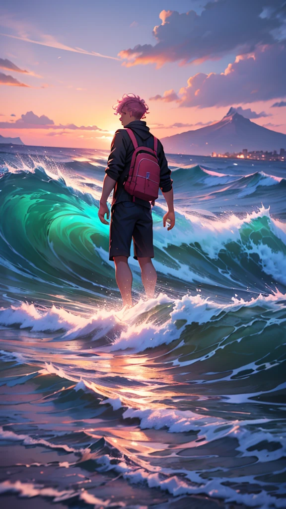 young man entering the sea, rough sea, Many waves, in the background pink sky, moutain, city lights