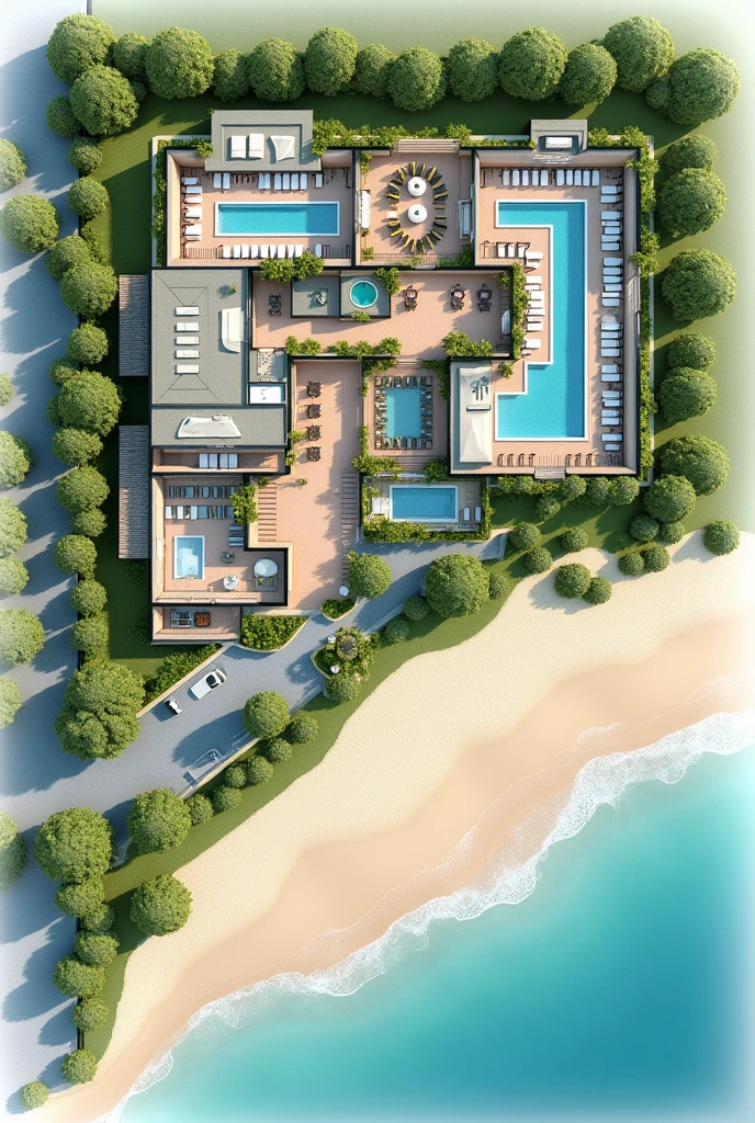 
1D beach hotel floor plan containing reception area, a restaurant, The recreation space, the rooms, A SPA area, An area for people with disabilities, 3 swimming pools, Connection with green areas, That can be like an open space, The L-shaped parking lot One part in front and the rest alongside, 2 swimming pools in the green area outside the hotel