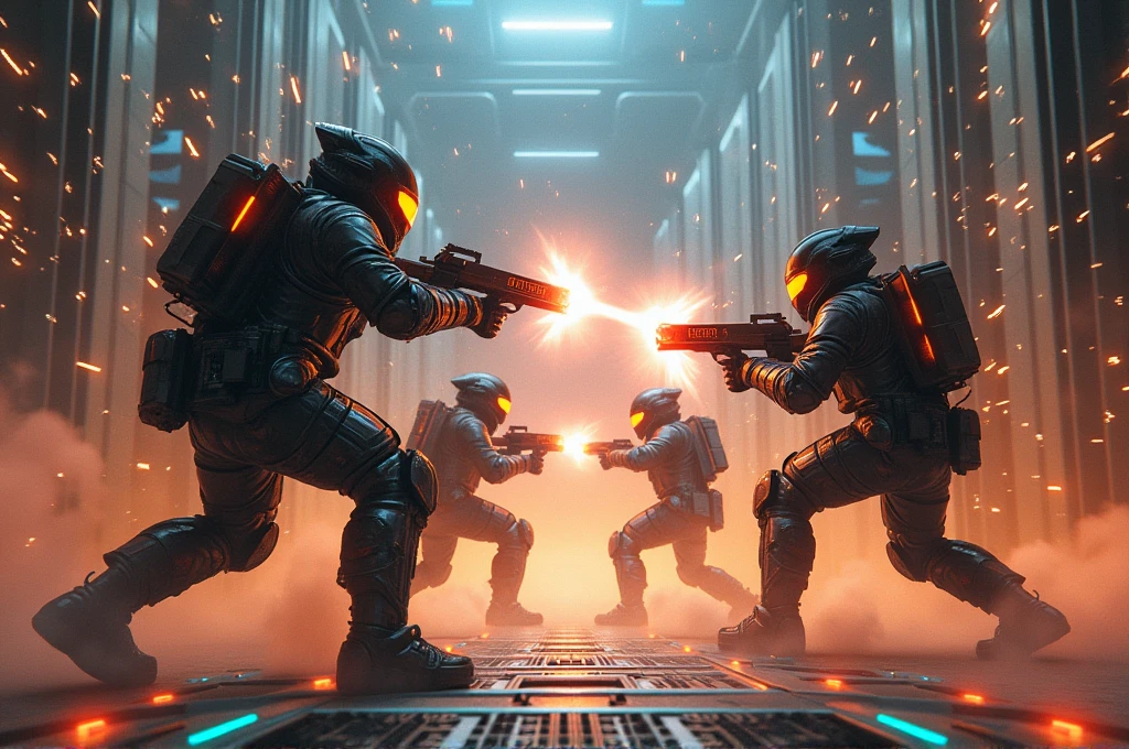 The chamber erupts into a flurry of activity as the elite cyber-warriors unleash a barrage of plasma blasts, energy projectiles, and high-tech restraints